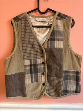 Vintage Patchwork Corduroy Vest in Olive Brown -